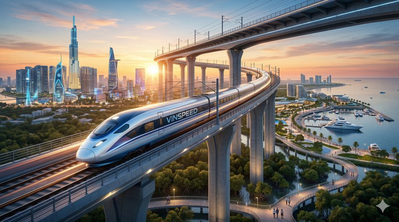 Tiêu biểu là tuyến đường sắt tốc độ cao Bến Thành – Cần Giờ dài khoảng 54km, tổng vốn gần 4 tỷ USD, do VinSpeed (thuộc Vingroup) phát triển. Dự án được động thổ tháng 12/2025, kết nối trực tiếp trung tâm TP.HCM với khu đô thị du lịch lấn biển Cần Giờ.